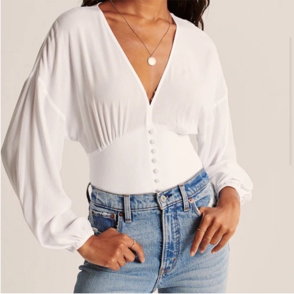 Abercrombie & Fitch | Button-up Smock Waisted Plunge Blouse White M
